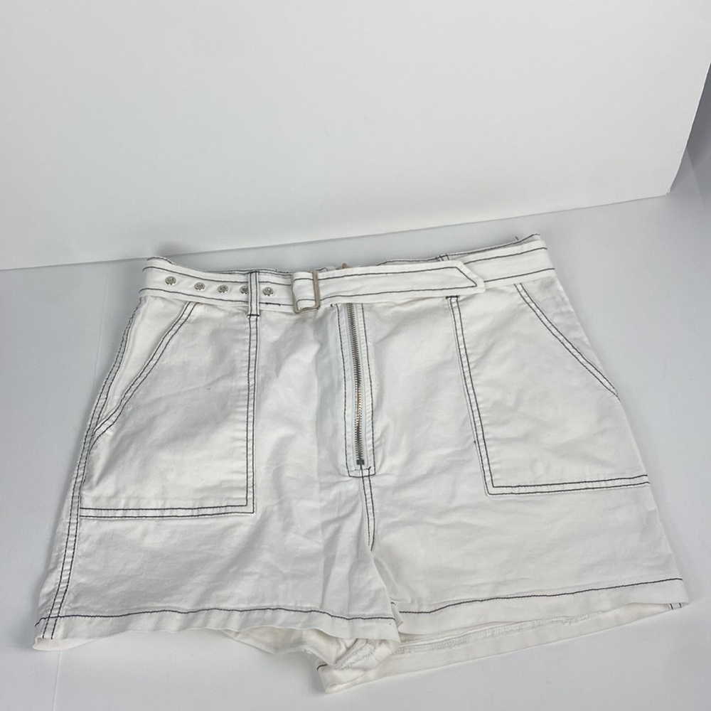 White High-waisted Casual Tie-waist pull on belted Cotton blend Shorts sz Large
